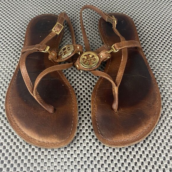 Tory Burch Ali Sandals Womens Size 8 M Brown Leather Gold Logo Thong Sandals - Picture 4 of 9